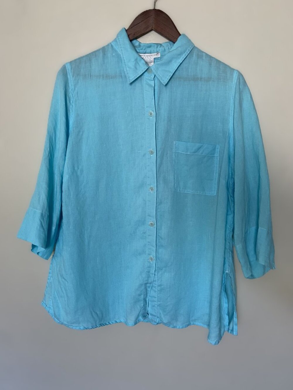SARAH SPENCER 100% linen button-up shirt 3/4 sleeve Sz 1X aqua bluish